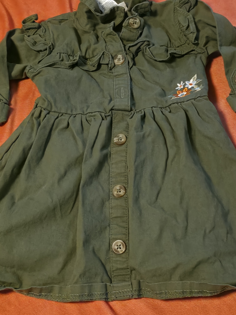 4/$67 Deal! Little Lass Olive Green Button-Front Dress with Floral Accent